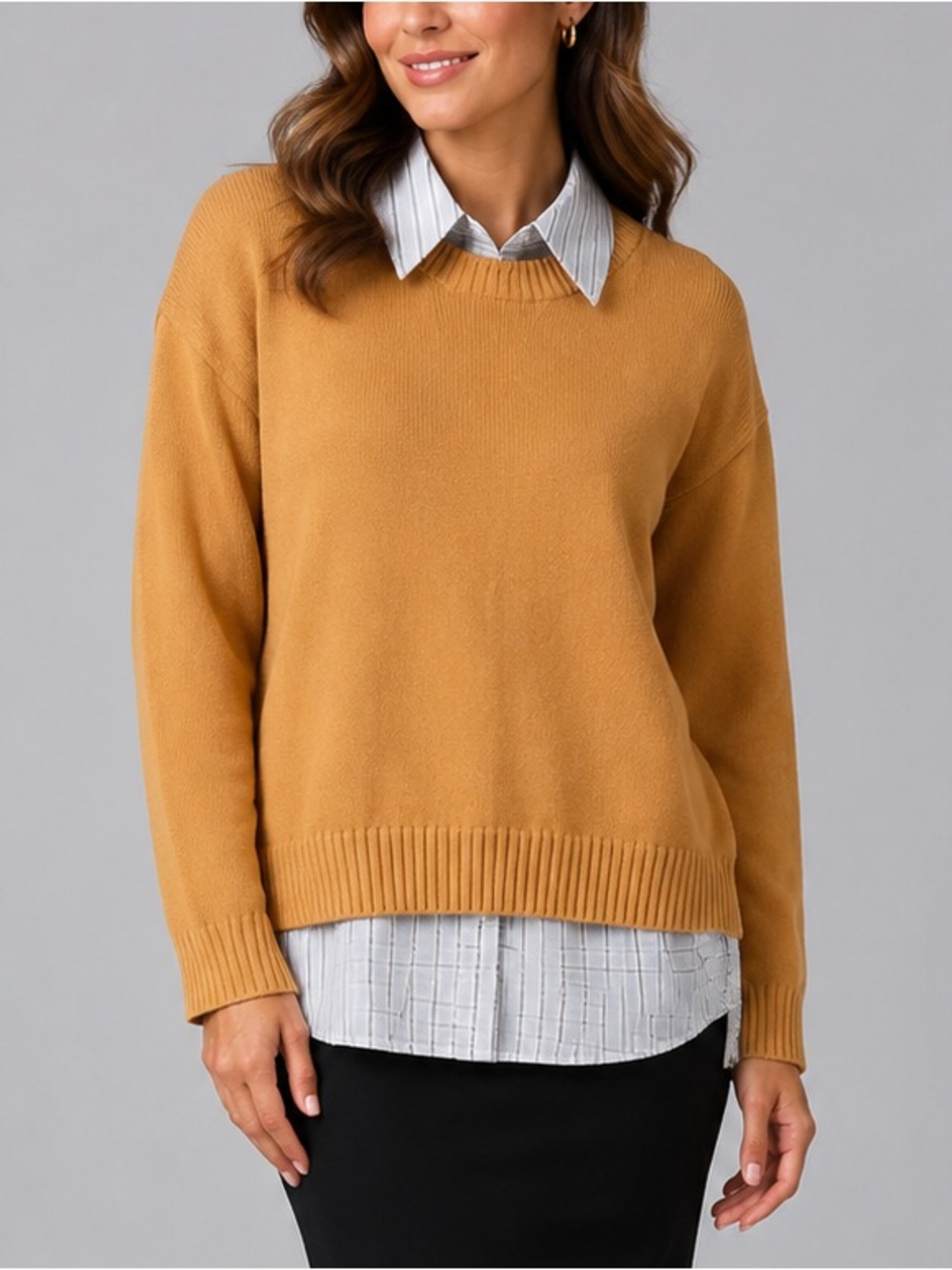 🆕🌾Central Park West Mustard Knit Sweater Blue Striped Layered Shirt Collar SizeS
